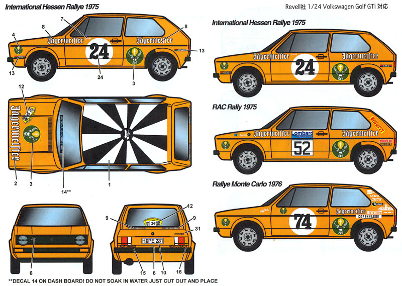 フォルクスワーゲン ゴルフ Gti イェーガーマイスター #24 ヘッセンラリー 1975/#52 RAC 1975/#74 モンテカルロラリー 1976 デカール (スタジオ27 ラリーカー オリジナルデカール No.DC1153) 商品画像_1