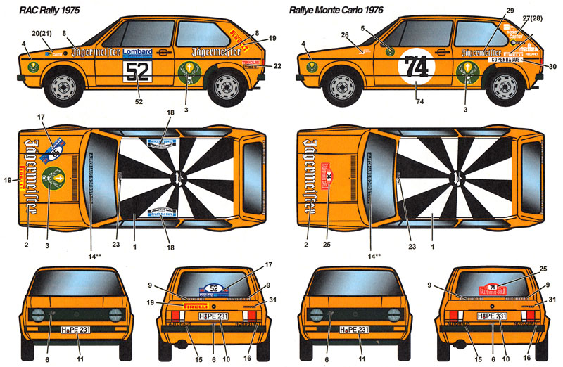 フォルクスワーゲン ゴルフ Gti イェーガーマイスター #24 ヘッセンラリー 1975/#52 RAC 1975/#74 モンテカルロラリー 1976 デカール (スタジオ27 ラリーカー オリジナルデカール No.DC1153) 商品画像_2