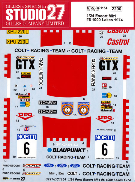 フォード エスコート Mk.1 #6 1000湖ラリー 1974 デカール (スタジオ27 ラリーカー オリジナルデカール No.DC1154) 商品画像