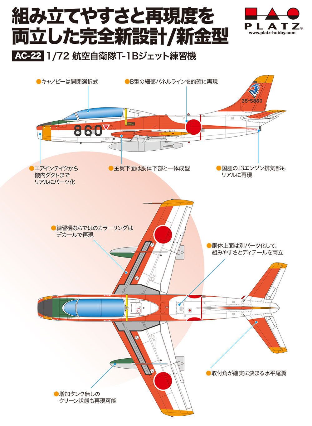 航空自衛隊 T-1B ジェット練習機 プラモデル (プラッツ 航空自衛隊機シリーズ No.AC-022) 商品画像_1