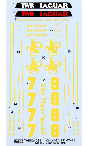 ジャガー XJ-S JPS #7/#8 マカオ ギアレース 1984 デカール デカール (タブデザイン 1/24 デカール No.TABU-24081) 商品画像