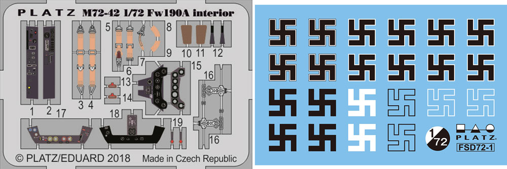 フォッケウルフ Fw190A用 エッチング(内装) & スワスチカデカールセット エッチング (プラッツ 1/72 アクセサリーパーツ No.M72-042) 商品画像_1