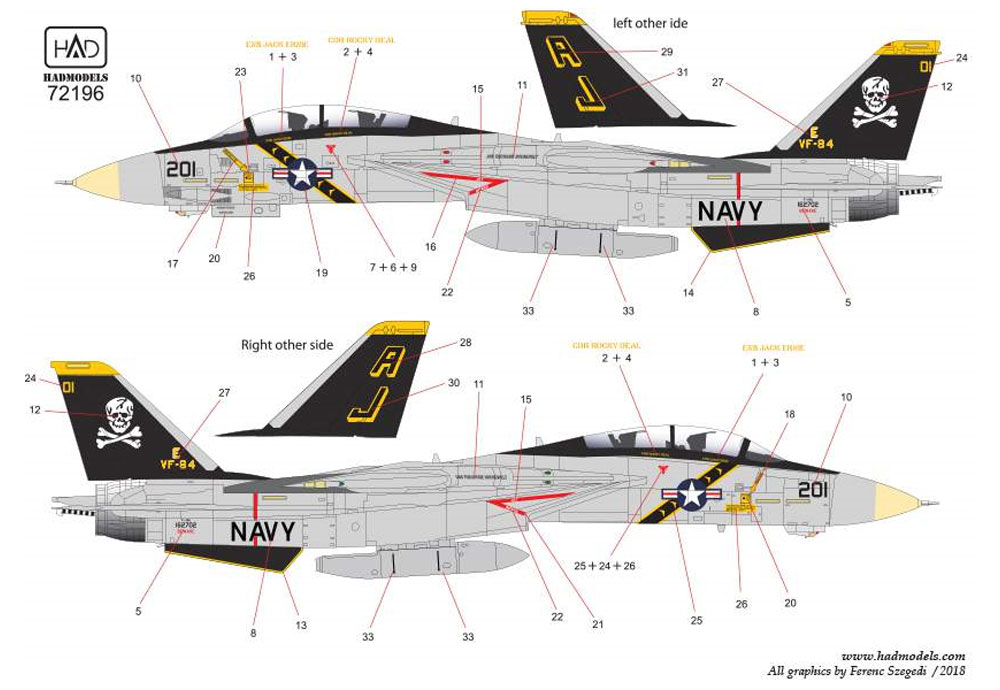 アメリカ海軍 F-14A トムキャット VF-84 ジョリーロジャーズ #201 ハイビジ デカール デカール (HAD MODELS 1/72 デカール No.HAD72196) 商品画像_3