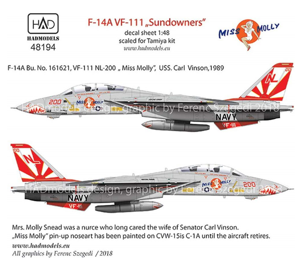 アメリカ海軍 F-14A トムキャット VF-111 サンダウナーズ ミス モーリー デカール デカール (HAD MODELS 1/48 デカール No.HAD48194) 商品画像_1