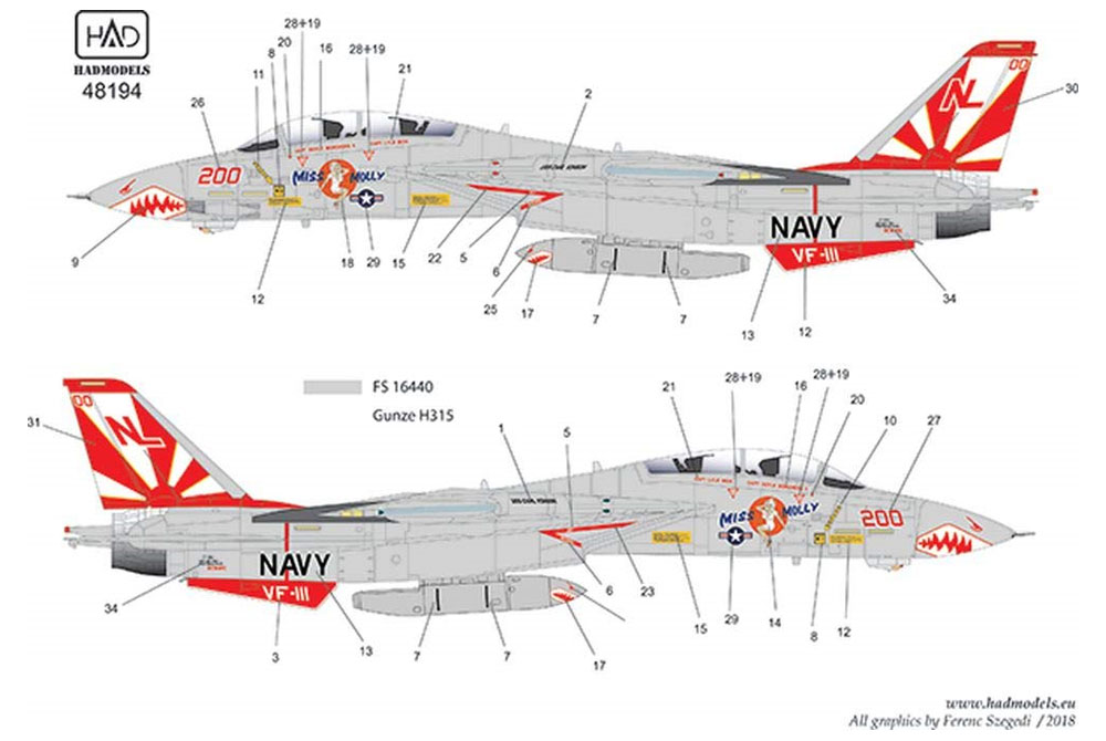 アメリカ海軍 F-14A トムキャット VF-111 サンダウナーズ ミス モーリー デカール デカール (HAD MODELS 1/48 デカール No.HAD48194) 商品画像_3