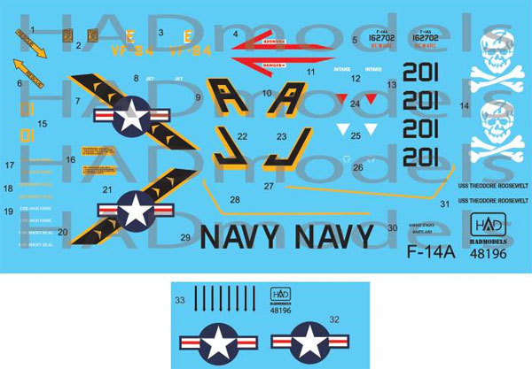 アメリカ海軍 F-14A トムキャット VF-84 ジョリーロジャーズ #201 セオドア・ルーズベルト搭載機 ハイビジ デカール デカール (HAD MODELS 1/48 デカール No.HAD48196) 商品画像