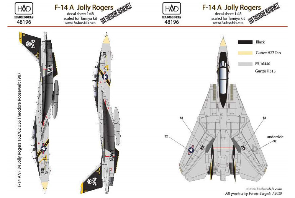 アメリカ海軍 F-14A トムキャット VF-84 ジョリーロジャーズ #201 セオドア・ルーズベルト搭載機 ハイビジ デカール デカール (HAD MODELS 1/48 デカール No.HAD48196) 商品画像_2