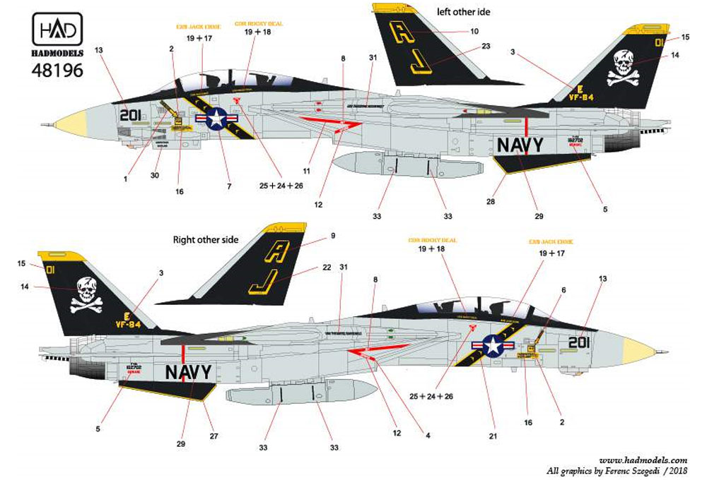 アメリカ海軍 F-14A トムキャット VF-84 ジョリーロジャーズ #201 セオドア・ルーズベルト搭載機 ハイビジ デカール デカール (HAD MODELS 1/48 デカール No.HAD48196) 商品画像_3