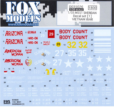 M551 シェリダン ベトナム戦争 デカールセット 1 デカール (フォックスモデル (FOX MODELS) AFVデカール No.D035026) 商品画像