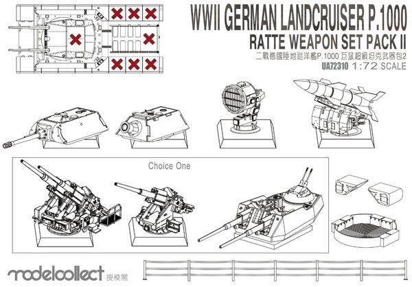 ドイツ 陸上巡洋艦 P.1000 ラーテ用 武装セット プラモデル (モデルコレクト 1/72 AFV キット No.UA72310) 商品画像