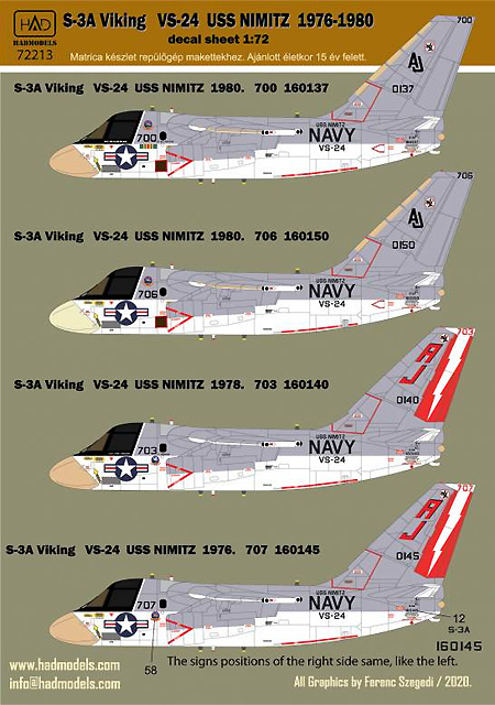 S-3A ヴァイキング VS-24 USS ニミッツ 1976-80 デカール デカール (HAD MODELS 1/72 デカール No.HAD72213) 商品画像