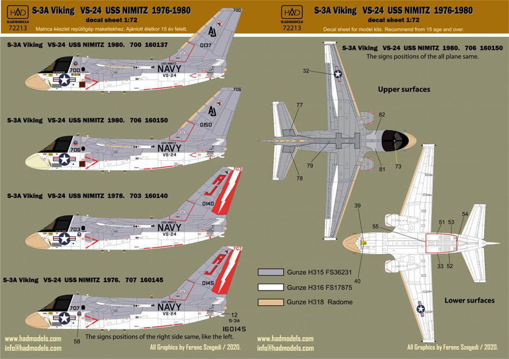 S-3A ヴァイキング VS-24 USS ニミッツ 1976-80 デカール デカール (HAD MODELS 1/72 デカール No.HAD72213) 商品画像_2