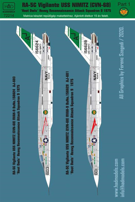 RA-5C ヴィジランティ USS ニミッツ RVAH-9 1975 デカール デカール (HAD MODELS 1/72 デカール No.HAD72214) 商品画像