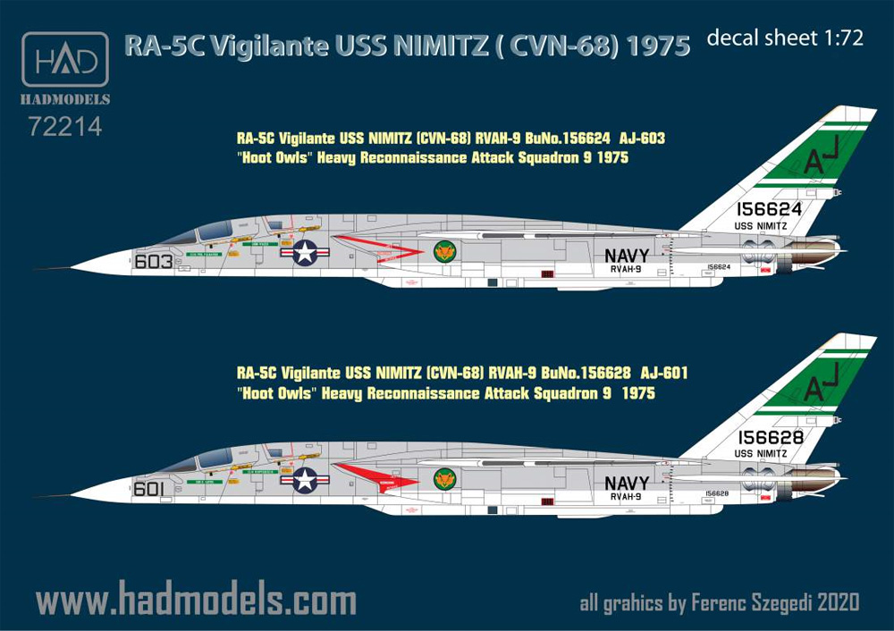 RA-5C ヴィジランティ USS ニミッツ RVAH-9 1975 デカール デカール (HAD MODELS 1/72 デカール No.HAD72214) 商品画像_2