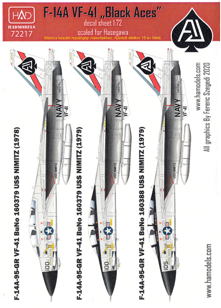 F-14A トムキャット VF-41ブラックエイセス USS ニミッツ デカール デカール (HAD MODELS 1/72 デカール No.HAD72217) 商品画像