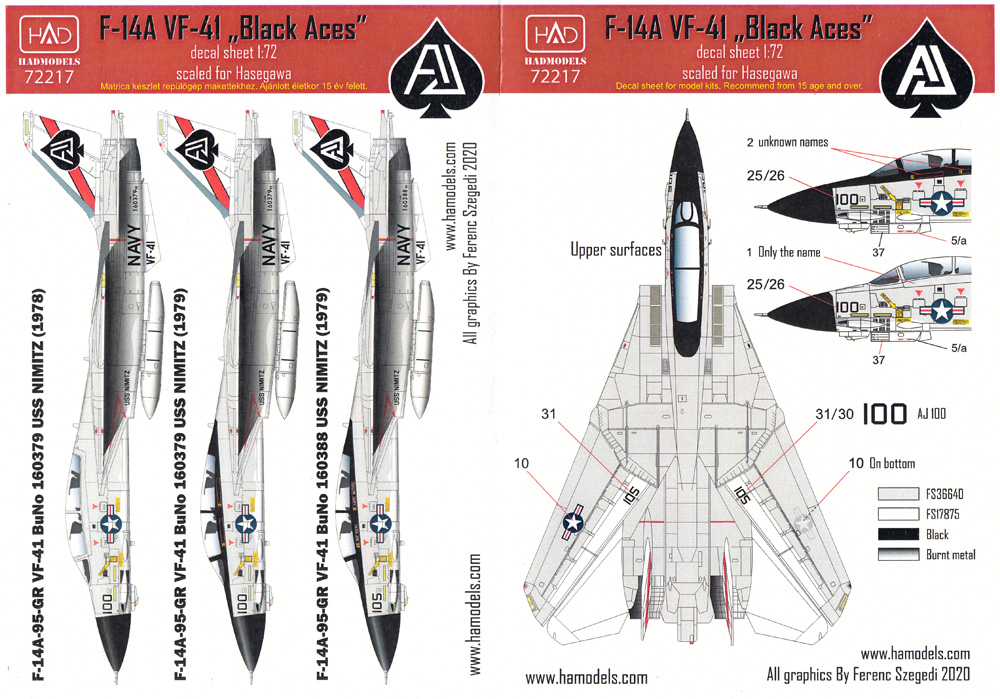 F-14A トムキャット VF-41ブラックエイセス USS ニミッツ デカール デカール (HAD MODELS 1/72 デカール No.HAD72217) 商品画像_3