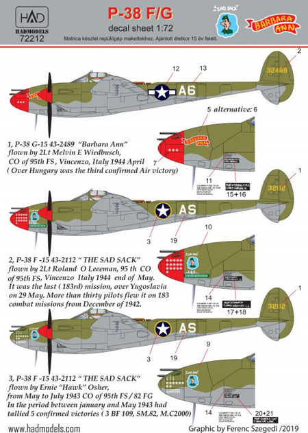 P-38F/G ライトニング THE SAD SACK / BARBARA ANN デカール デカール (HAD MODELS 1/72 デカール No.HAD72212) 商品画像