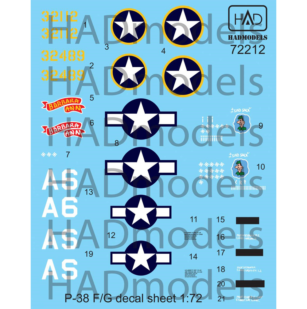 P-38F/G ライトニング THE SAD SACK / BARBARA ANN デカール デカール (HAD MODELS 1/72 デカール No.HAD72212) 商品画像_1