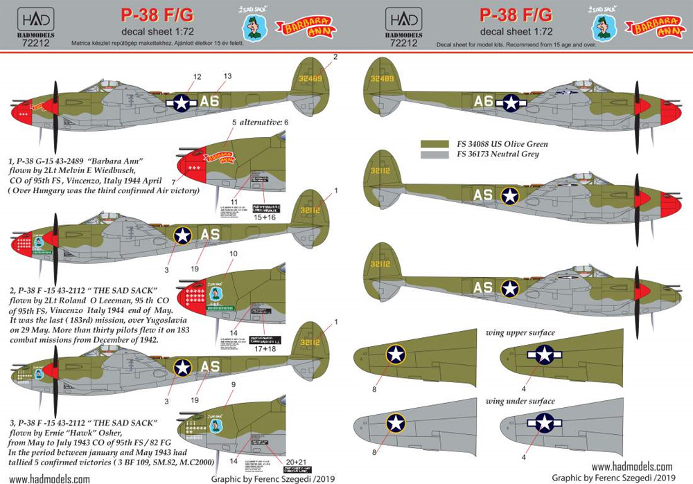 P-38F/G ライトニング THE SAD SACK / BARBARA ANN デカール デカール (HAD MODELS 1/72 デカール No.HAD72212) 商品画像_2