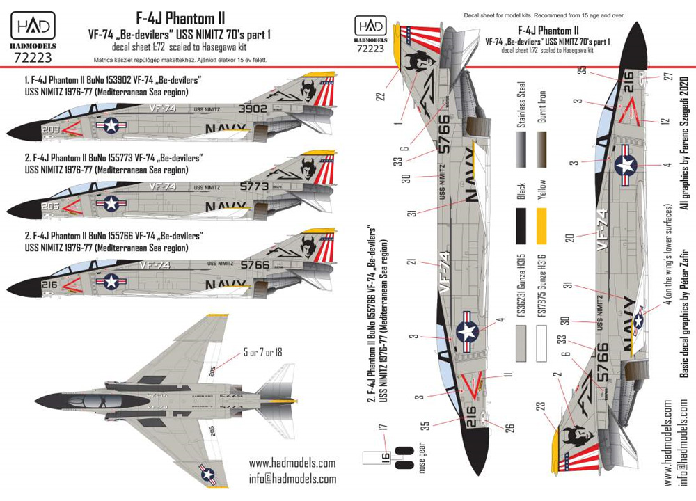 F-4J ファントム 2 VF-74 ビ・デビラーズ USS ニミッツ 1970年代 パート 1 デカール デカール (HAD MODELS 1/72 デカール No.72223) 商品画像_1