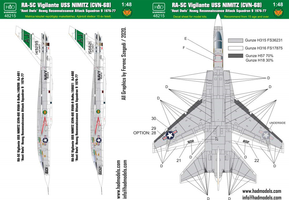 RA-5C ヴィジランティ RVAH-9 USS ニミッツ 1976-77年 デカール デカール (HAD MODELS 1/48 デカール No.48215) 商品画像_2