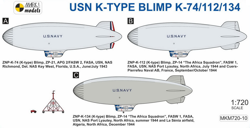 USN K級 軟式飛行船 K-74/112/134 艦隊哨戒網 プラモデル (MARK 1 ミリタリー インジェクションキット No.MKM720-10) 商品画像_1