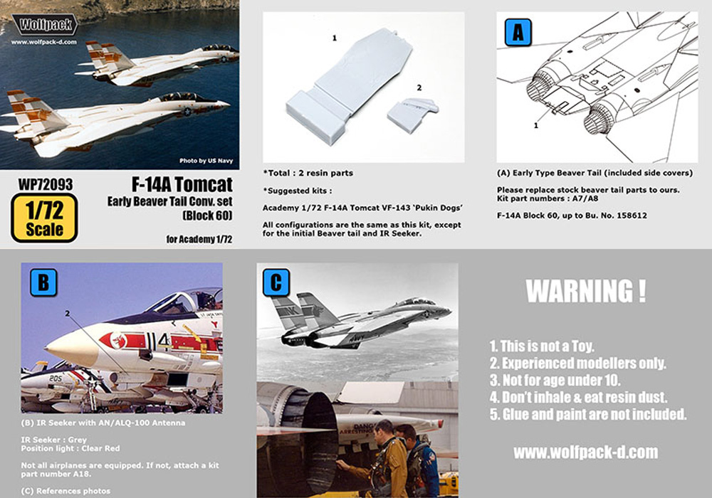 F-14A トムキャット 初期型 ビーバーテイル コンバージョンセット ブロック60 (アカデミー用) レジン (ウルフパック 1/72 レジンアップデート コンバージョンセット (WP) No.WP72093) 商品画像_3