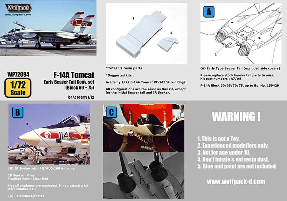 F-14A トムキャット 初期型 ビーバーテイル コンバージョンセット ブロック60-75 (アカデミー用) レジン (ウルフパック 1/72 レジンアップデート コンバージョンセット (WP) No.WP72094) 商品画像_3