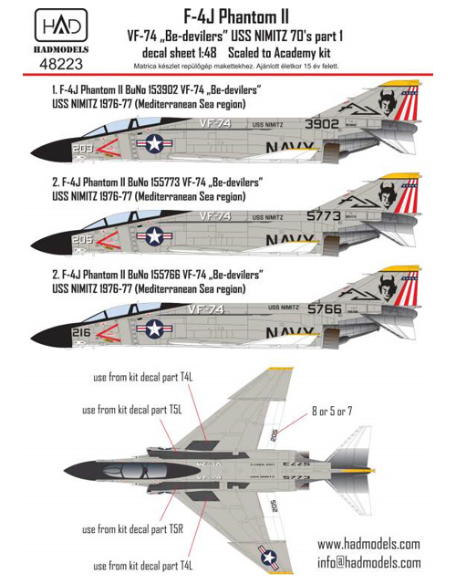 F-4J ファントム 2 VF-74 ビ・デビラーズ USS ニミッツ 1970年代 パート1 (アカデミー用) デカール (HAD MODELS 1/48 デカール No.48223) 商品画像