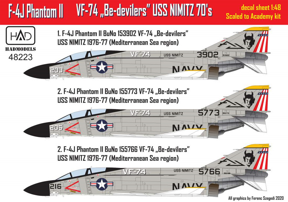 F-4J ファントム 2 VF-74 ビ・デビラーズ USS ニミッツ 1970年代 パート1 (アカデミー用) デカール (HAD MODELS 1/48 デカール No.48223) 商品画像_2