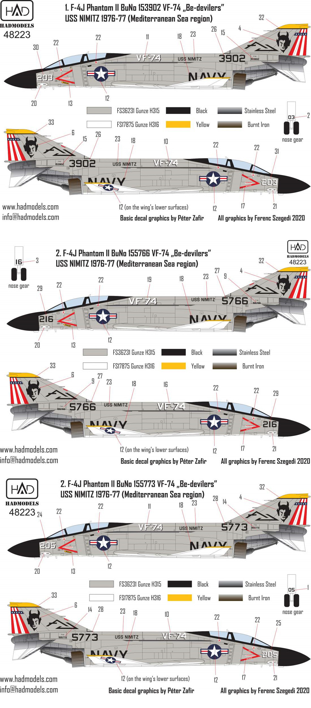 F-4J ファントム 2 VF-74 ビ・デビラーズ USS ニミッツ 1970年代 パート1 (アカデミー用) デカール (HAD MODELS 1/48 デカール No.48223) 商品画像_3