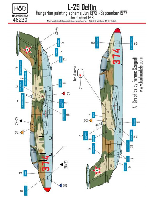 L-29 デルフィン ハンガリー空軍 ペイントスキーム 1973-1977年 デカール (HAD MODELS 1/48 デカール No.48230) 商品画像