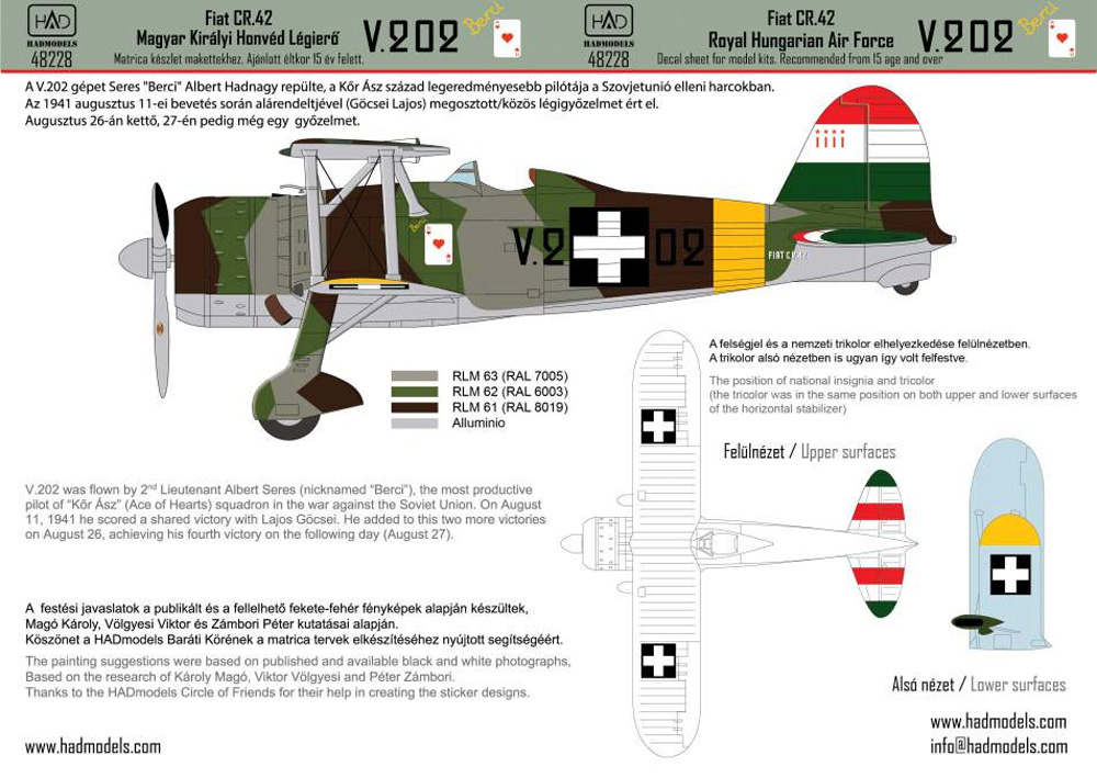 フィアット CR.42 王立ハンガリー空軍 V.202 デカール デカール (HAD MODELS 1/48 デカール No.48228) 商品画像_2
