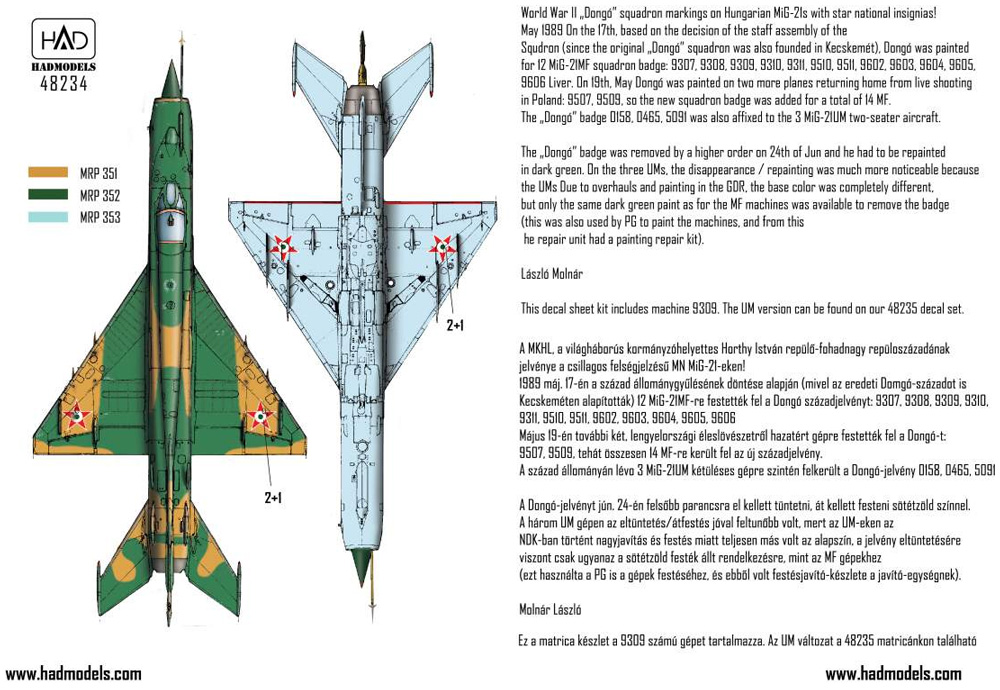MiG-21MF ハンガリー空軍 #9309 デカール デカール (HAD MODELS 1/48 デカール No.48234) 商品画像_3