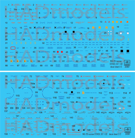 MiG-29 ファルクラム データーステンシル デカール (ロシア語、2機分) デカール (HAD MODELS 1/32 デカール No.32067) 商品画像