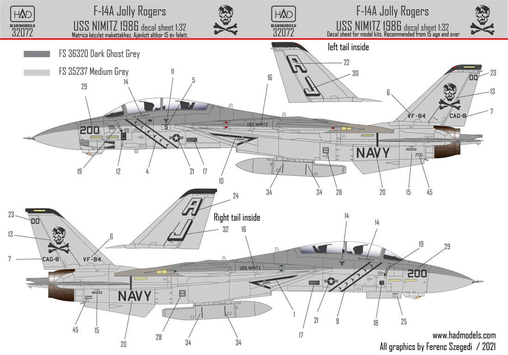 F-14A トムキャット VF-84 ジョリー ロジャース USS ニミッツ 1986 ロービジ デカール デカール (HAD MODELS 1/32 デカール No.32072) 商品画像_2