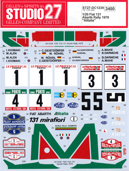フィアット 131 アバルト ラリー 1978 アリタリア デカール (スタジオ27 ラリーカー オリジナルデカール No.DC1239) 商品画像