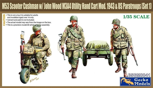 WW2 アメリカ 落下傘兵　w/クッシュマン 空挺スクーター & ジョン・ウッド M3A4 ユーティリティハンドカート Mod.1943 (セット 1) プラモデル (ゲッコーモデル 1/35 ミリタリー No.35GM0041) 商品画像